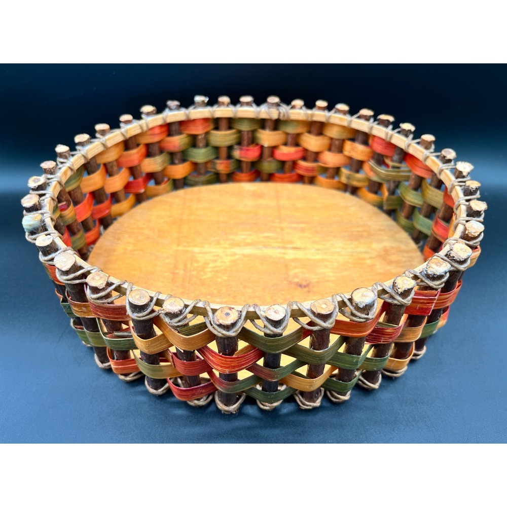 Rustic Twig Woven Splint Oval Basket Multicolor Wood Base Farmhouse Decor 10.5"
